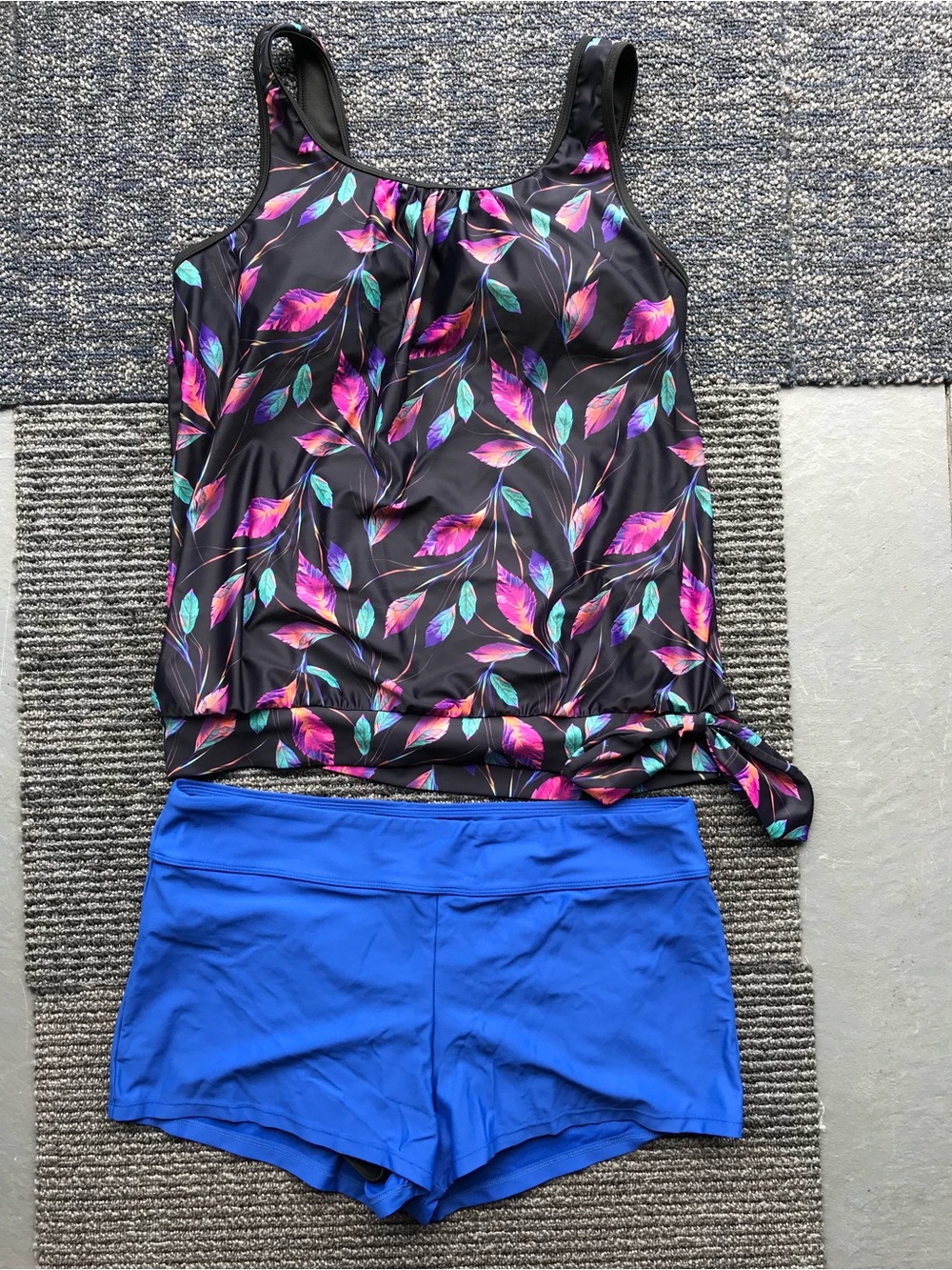 Women’s Black Floral Tankini Top with Bright Blue Swim Shorts